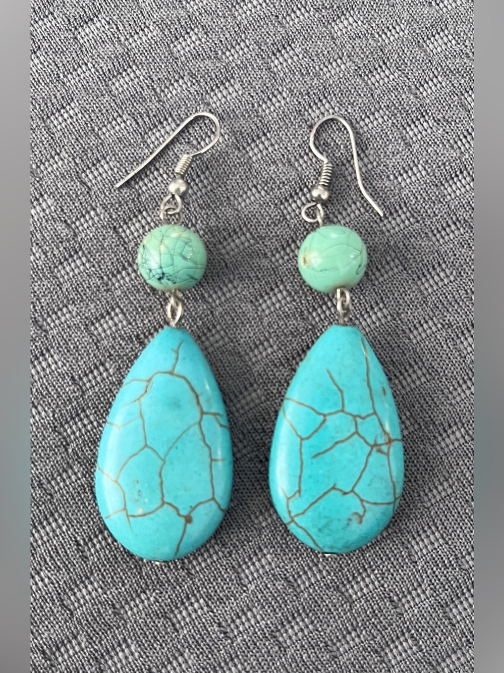 Faux Turquoise Teardrop Dangle Earrings Silver Tone Fishhook Southwestern
